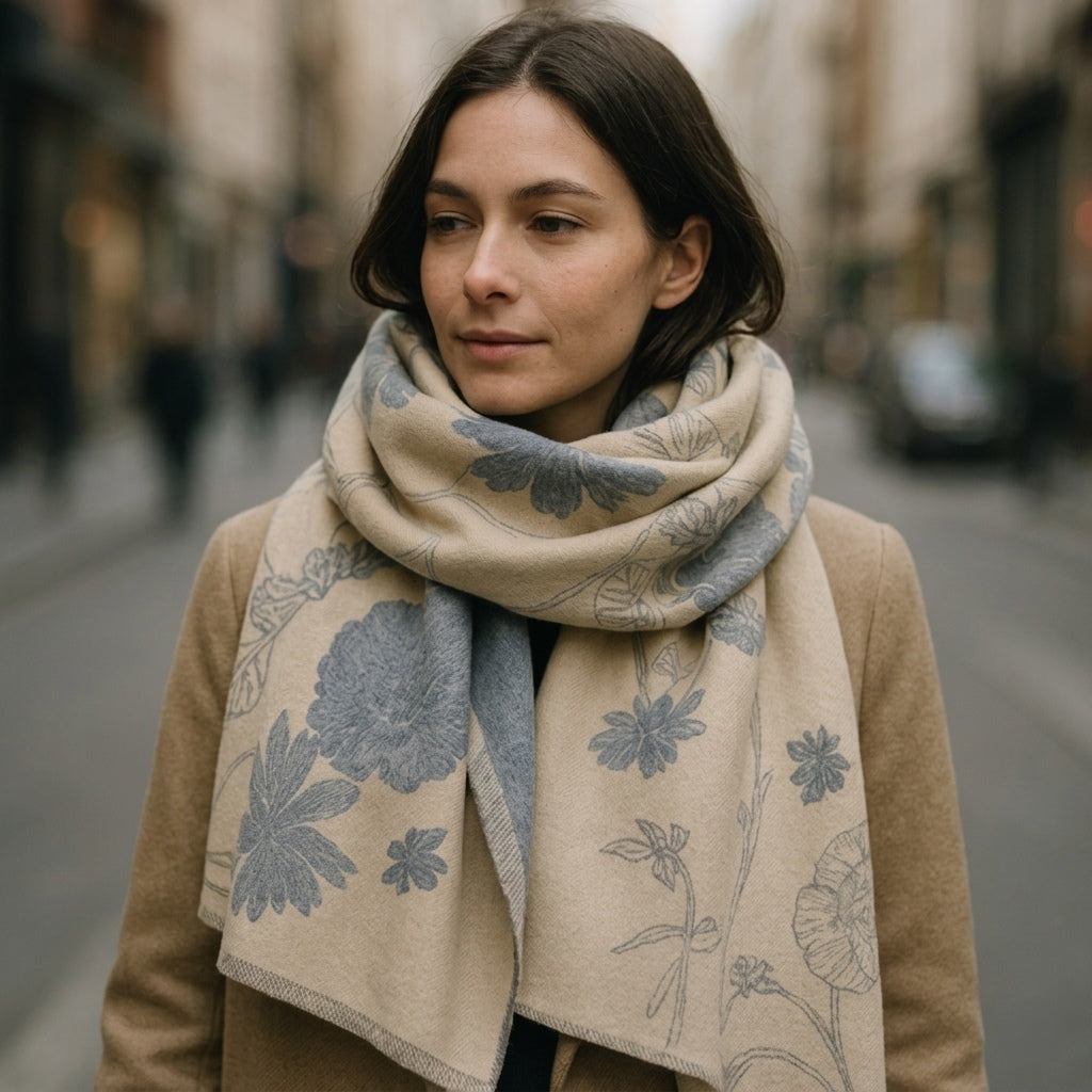 premium wool shawl with ivory blue botanical detail, worn outdoors in a natural setting