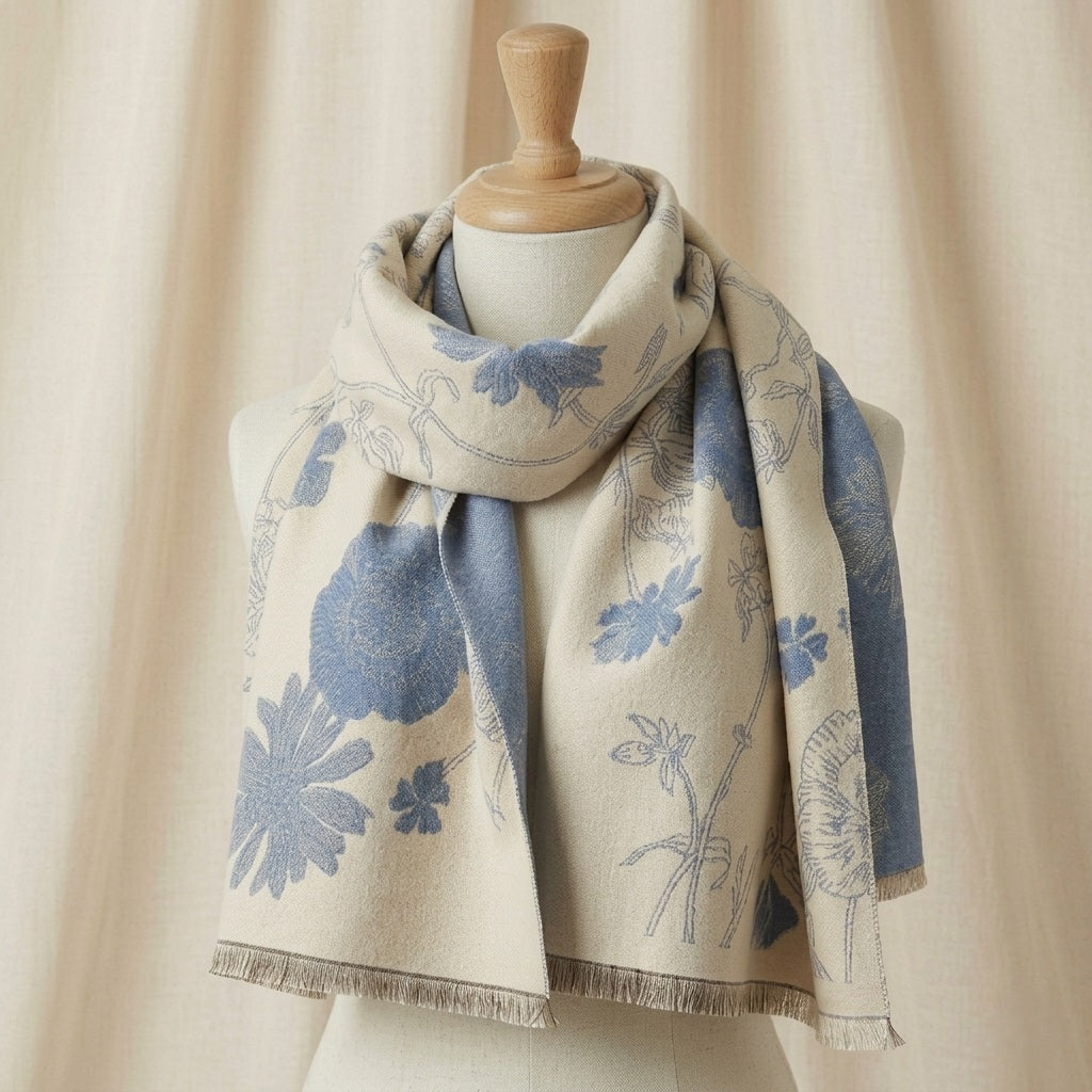 Sora premium wool shawl draped on mannequin showing ivory blue botanical detail and natural silhouette