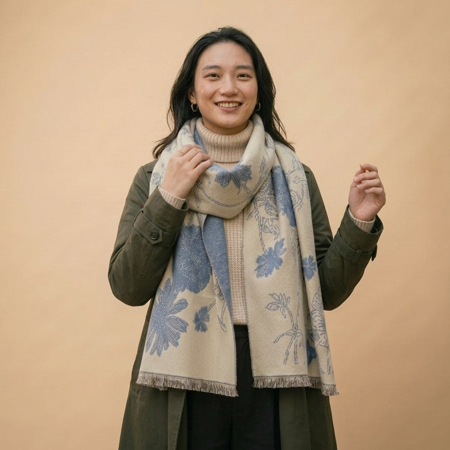 premium wool shawl with ivory blue botanical detail, styled on model in studio showing drape and fit