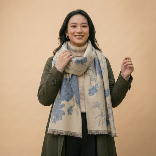premium wool shawl with ivory blue botanical detail, styled on model in studio showing drape and fit