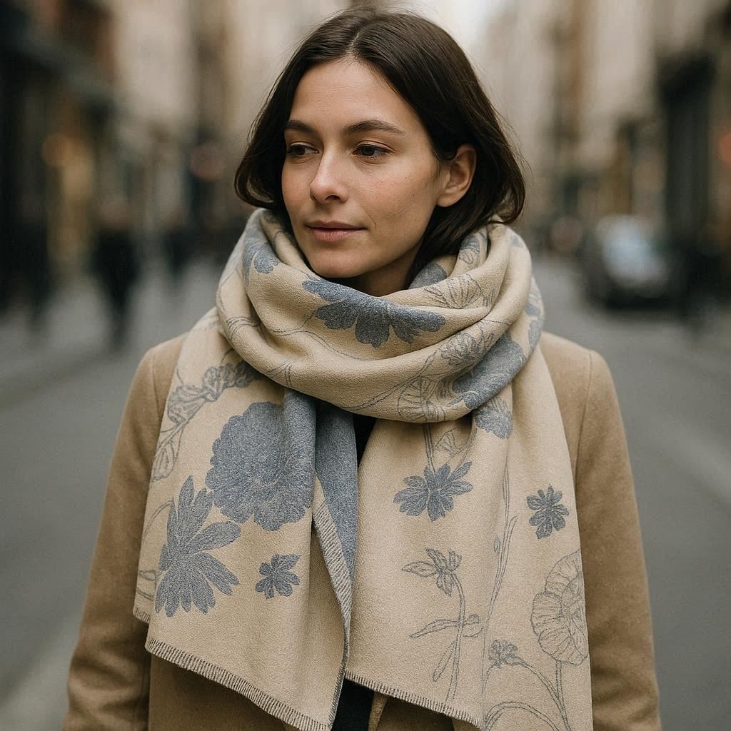 Wool scarf with botanical pattern in ivory and muted blue tones, styled wrapped around the neck.