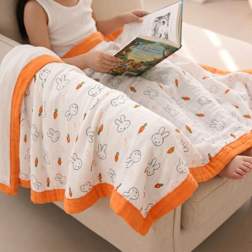 Tokki bamboo cotton blanket in bunny and carrot print, lifestyle shot, MonBebe