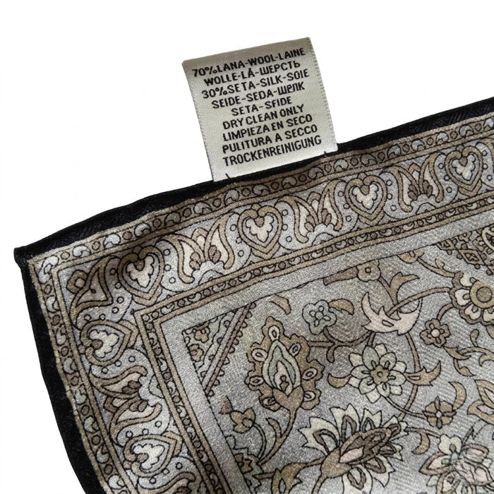 Silk-wool shawl with paisley pattern in charcoal grey tones, showing tag —  MonBebe Singapore