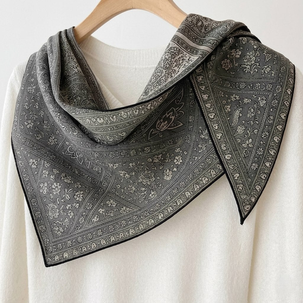 Silk-wool scarf with paisley pattern in charcoal grey tones, styled over shoulders —  MonBebe Singapore