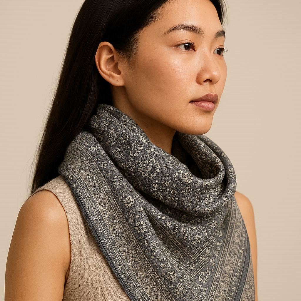 Silk-wool scarf with paisley pattern in charcoal grey tones, styled around neck —  MonBebe Singapore