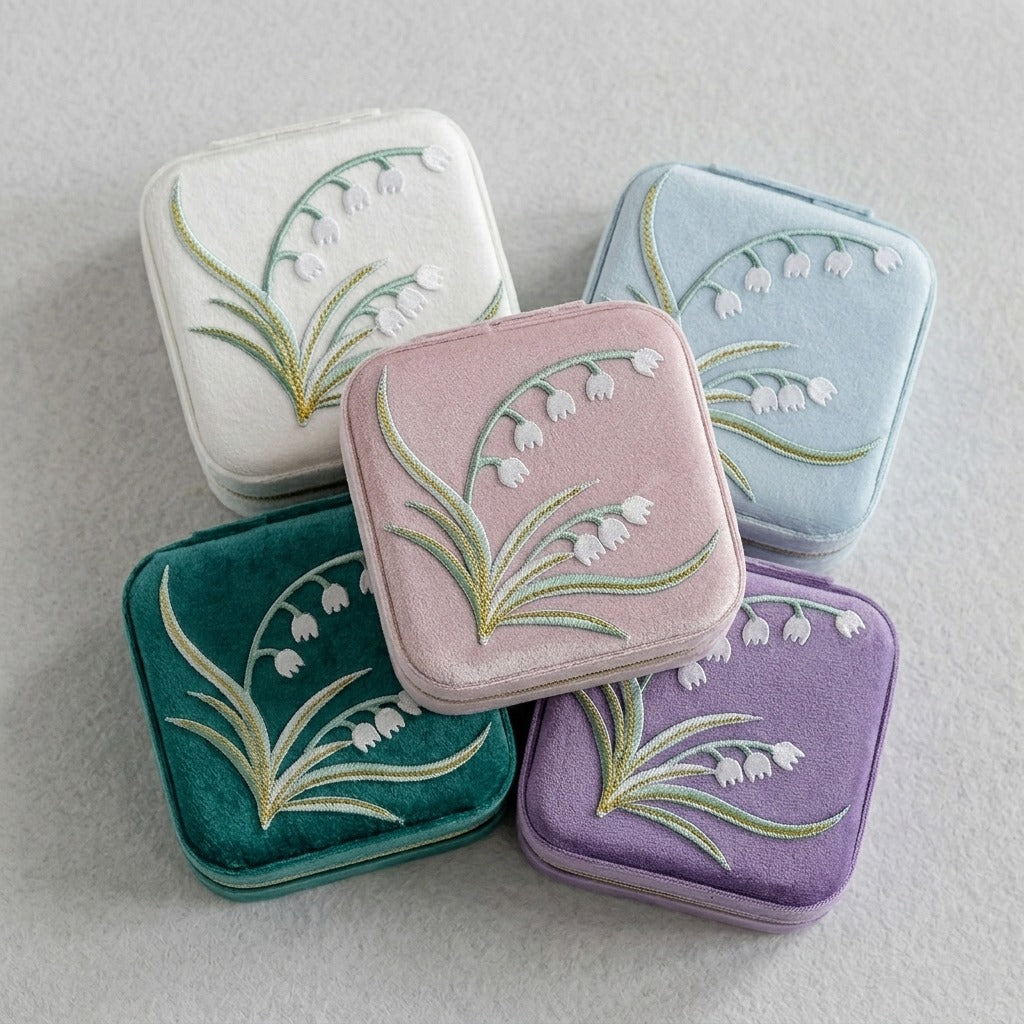 Yuri embroidered travel jewellery case in all five colourways dark green, purple, light blue, pink, white —  MonBebe Singapore