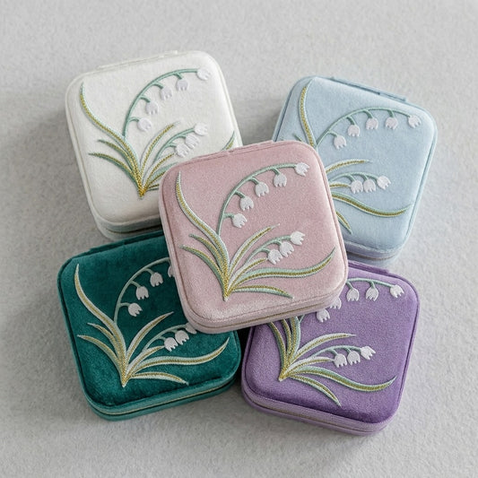 Yuri embroidered travel jewellery case in all five colourways dark green, purple, light blue, pink, white —  MonBebe Singapore
