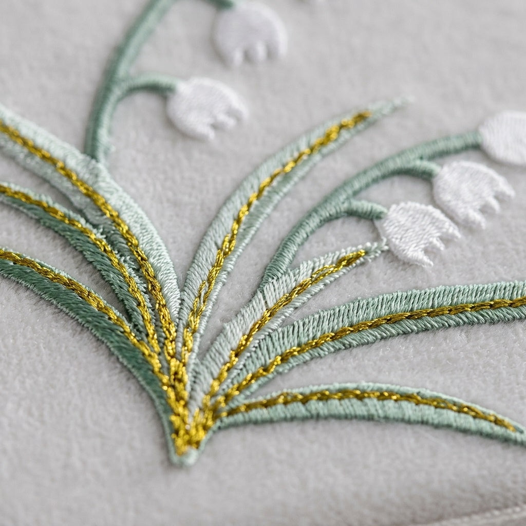 Close-up of lily of the valley embroidery on Yuri travel jewellery case exterior —  MonBebe Singapore