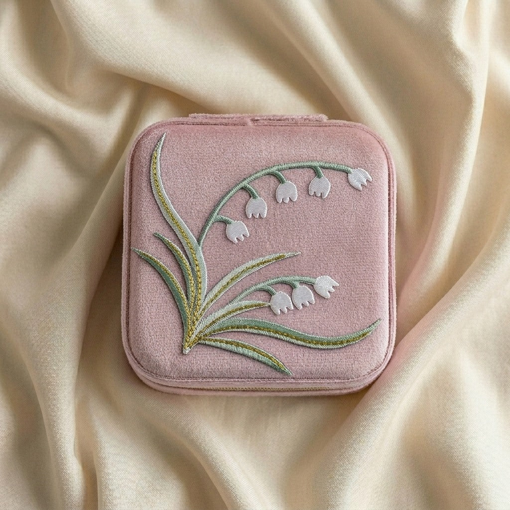 Yuri embroidered travel jewellery case flat lay Italian flannelette exterior with lily of the valley motif —  MonBebe Singapore