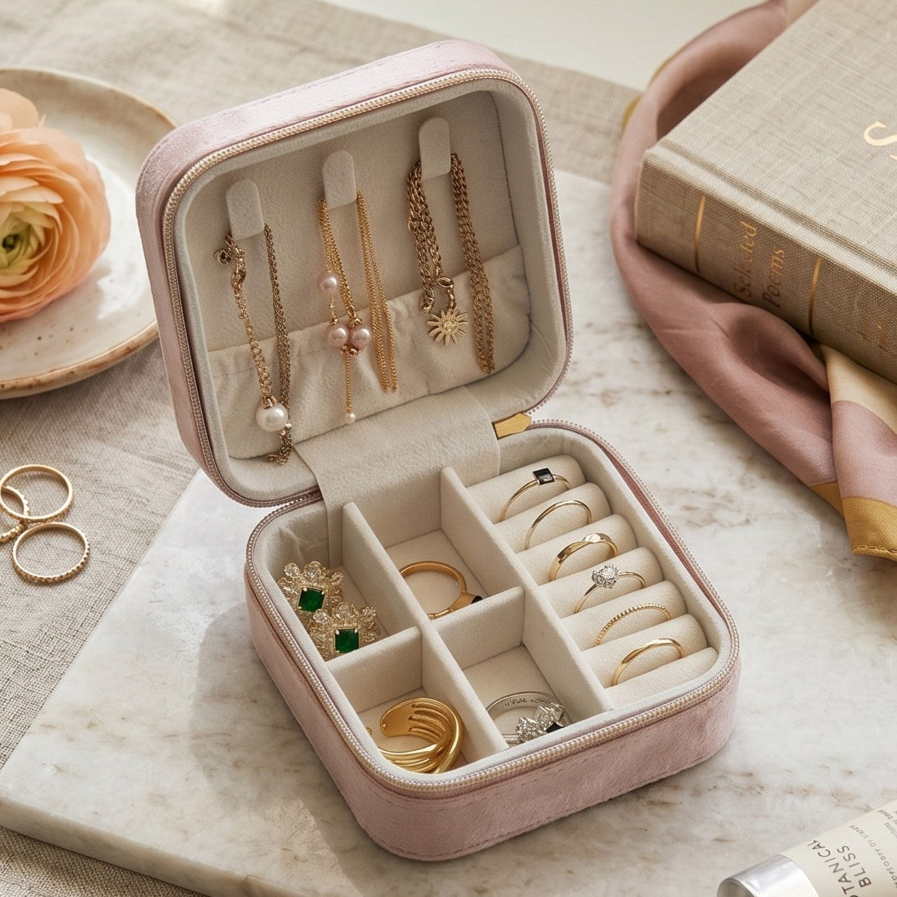 Yuri embroidered travel jewellery case open on dressing table with jewellery arranged inside —  MonBebe Singapore